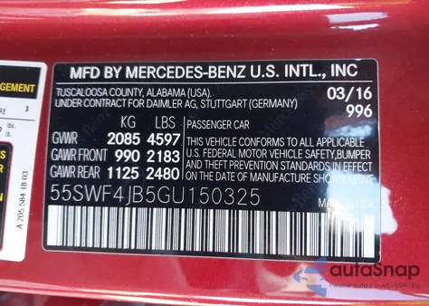 2016 Mercedes-Benz C 300 из США, поврежденный, VIN 55SWF4JB5GU150325